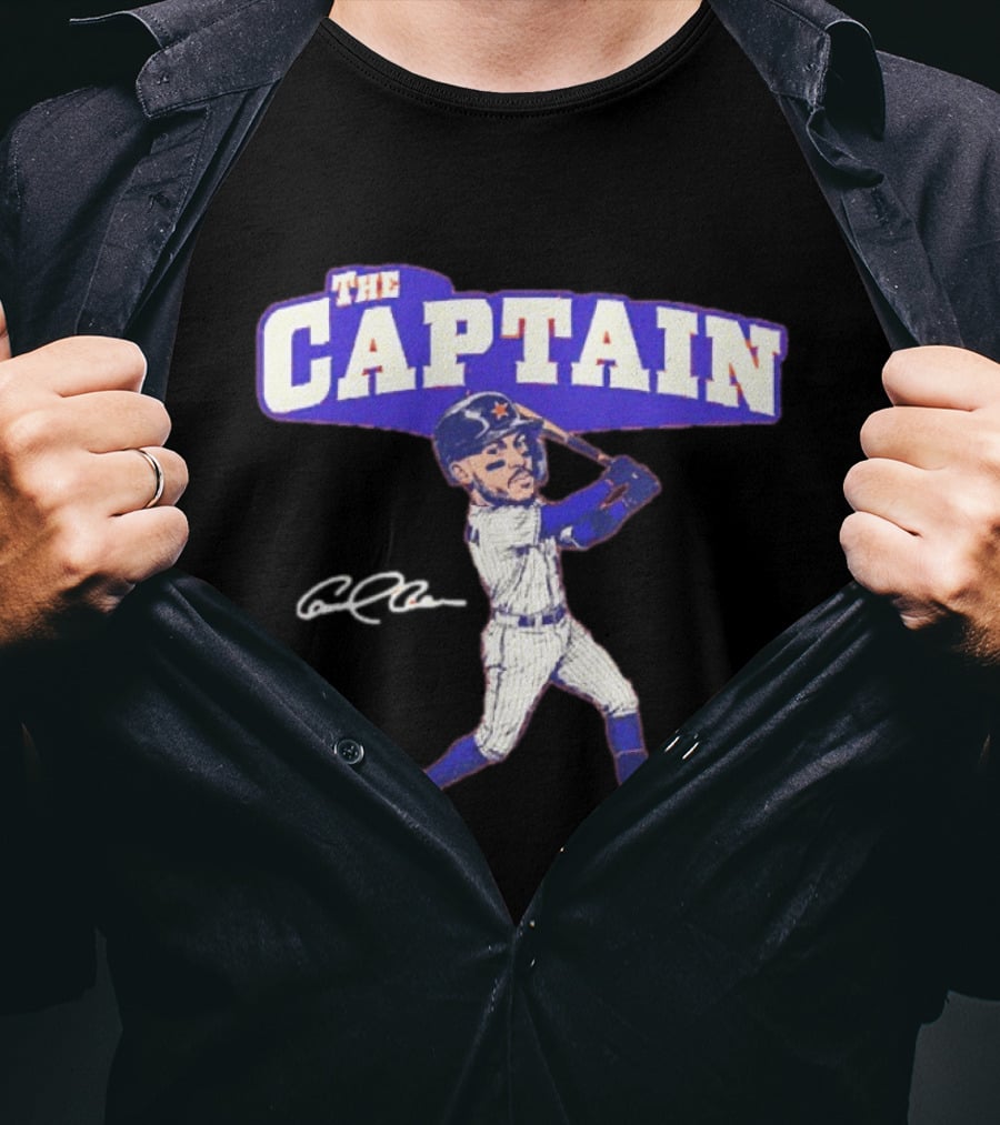 The Captain Carlos Correa Caricature Baseball Player Swinging Bat With Signature T-Shirt