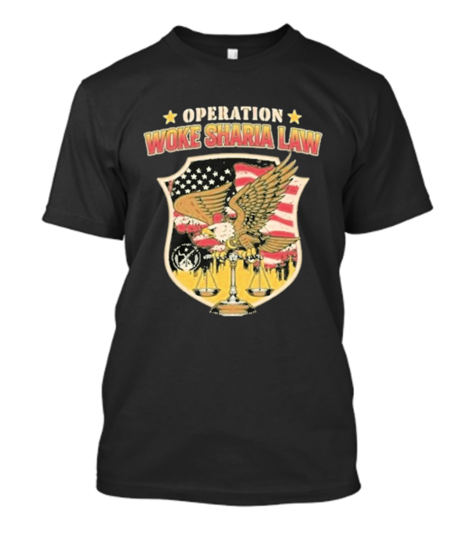 Operation Woke Sharia Law Eagle And American Flag Shield T-Shirt