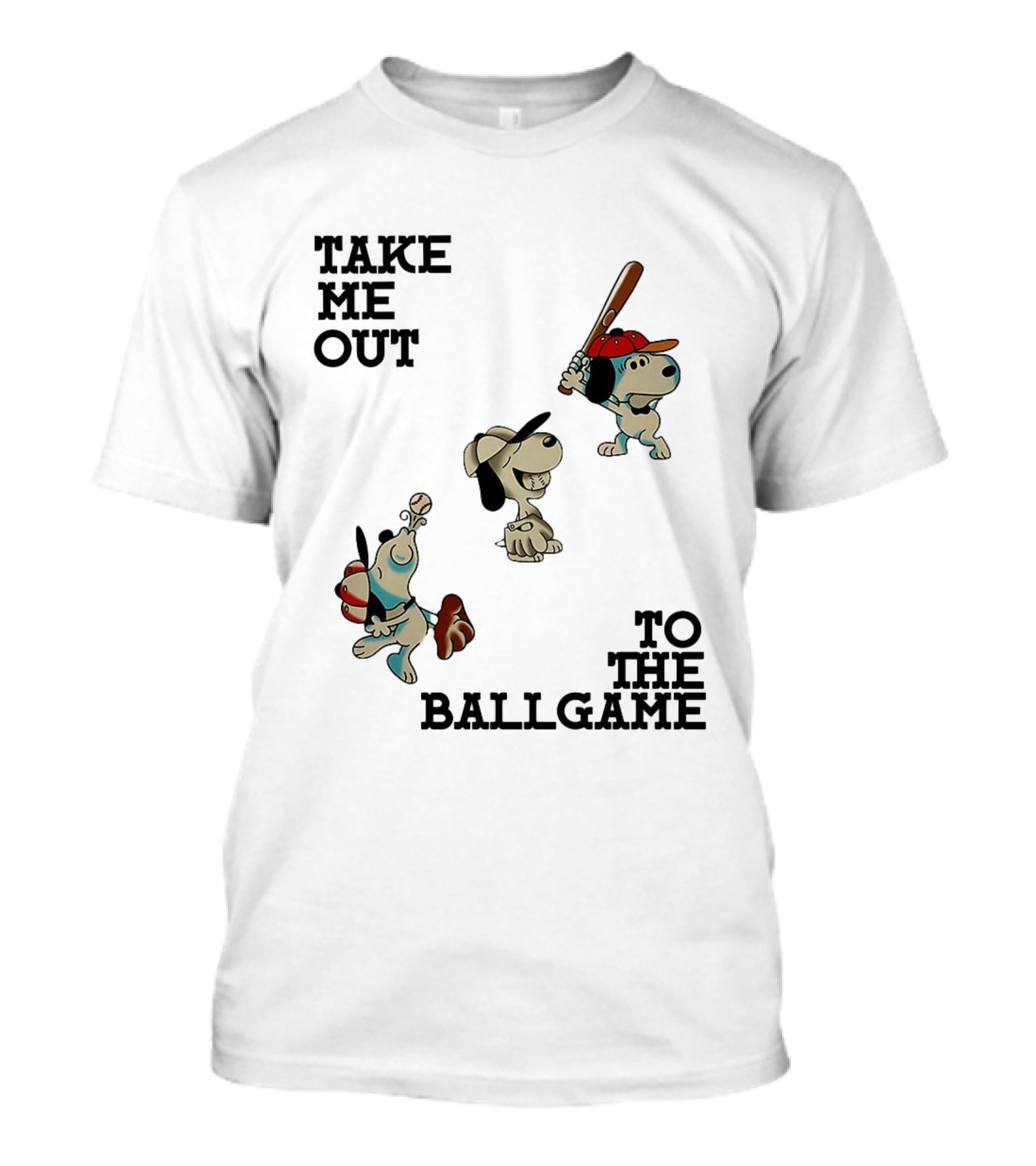 Snoopy Take Me Out To The Ballgame Baseball Red Cap Batting And Catching T-Shirt