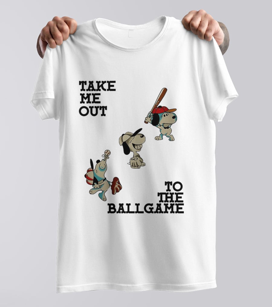 Snoopy Take Me Out To The Ballgame Baseball Red Cap Batting And Catching T-Shirt