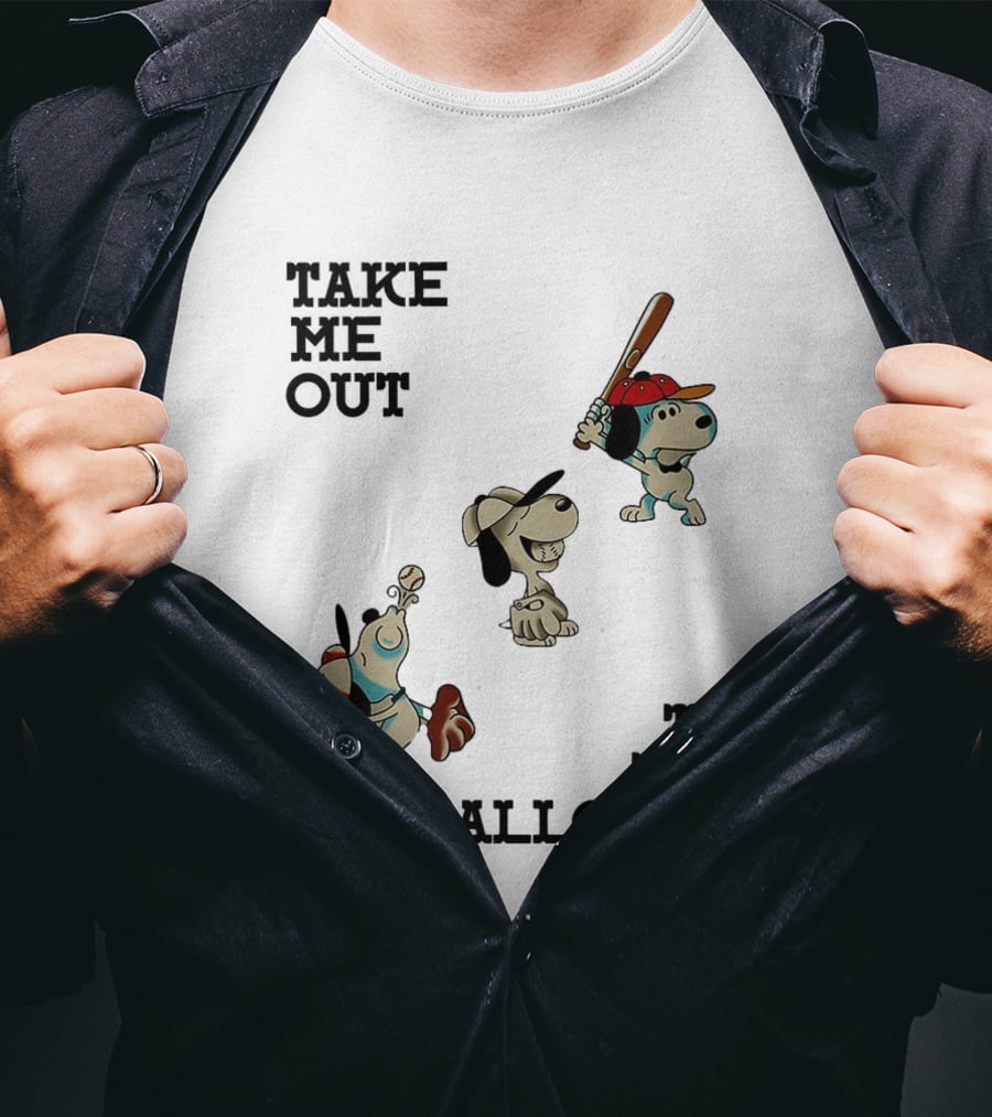 Snoopy Take Me Out To The Ballgame Baseball Red Cap Batting And Catching T-Shirt