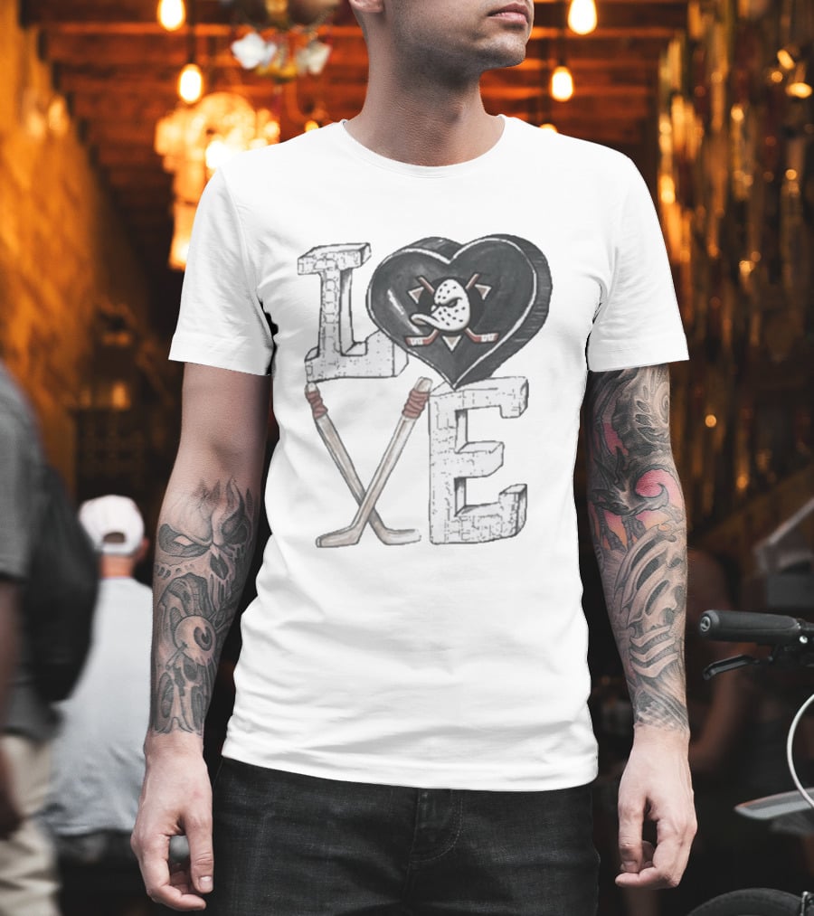Anaheim Ducks Puck Heart Love Hockey Sticks T-Shirt
