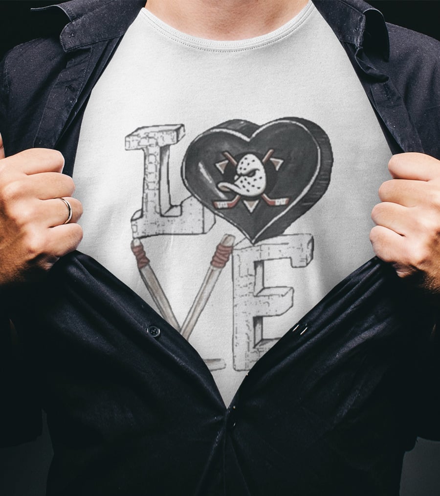 Anaheim Ducks Puck Heart Love Hockey Sticks T-Shirt