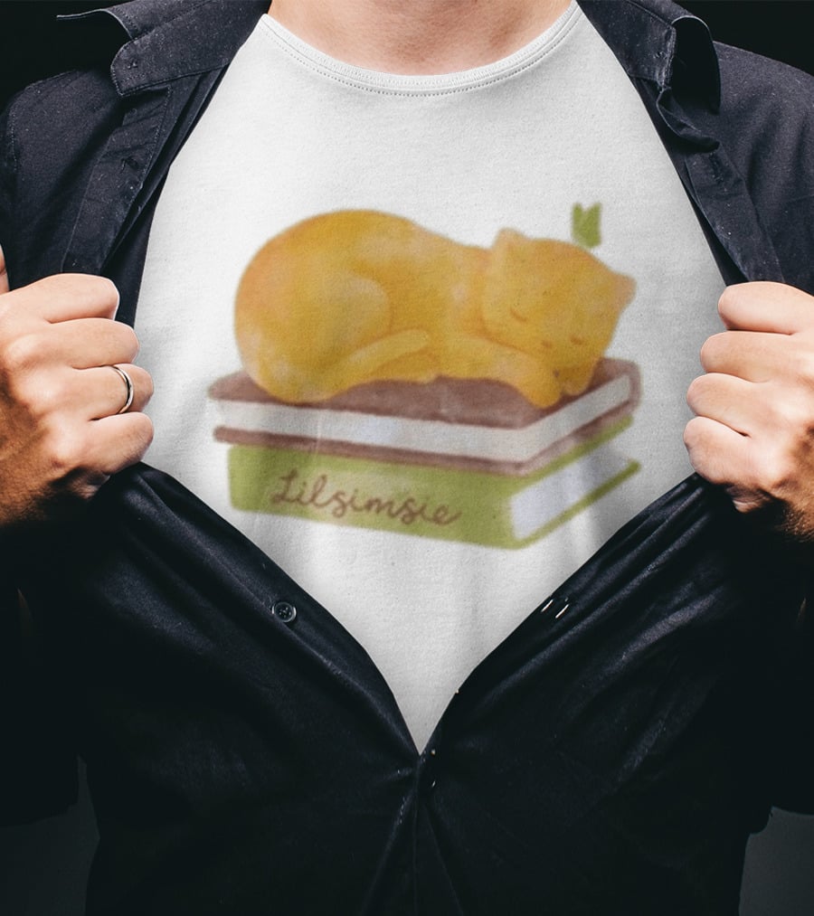 Lilsimsie Sleeping Cat On Books T-Shirt