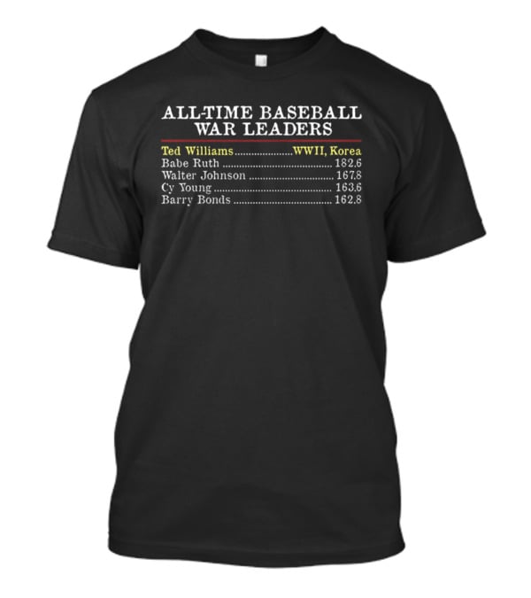 All Time Baseball WAR Leaders Ted Williams Babe Ruth Walter Johnson Cy Young Barry Bonds WWI Korea T-Shirt