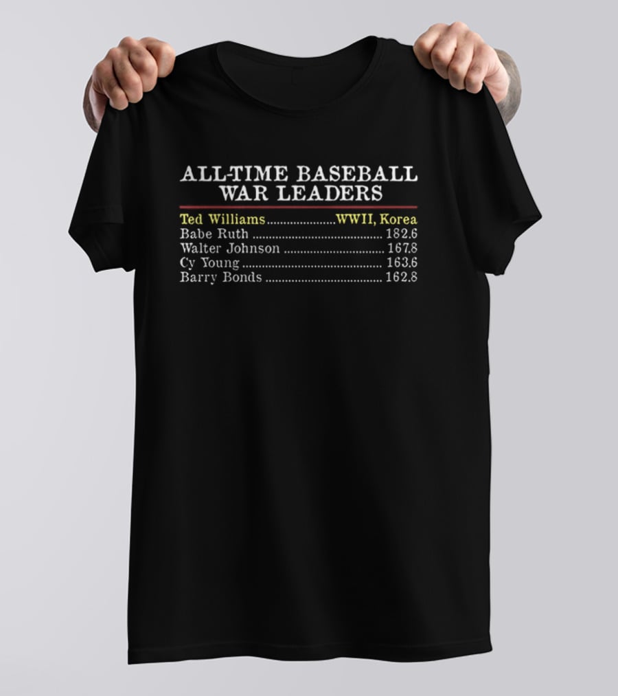 All Time Baseball WAR Leaders Ted Williams Babe Ruth Walter Johnson Cy Young Barry Bonds WWI Korea T-Shirt