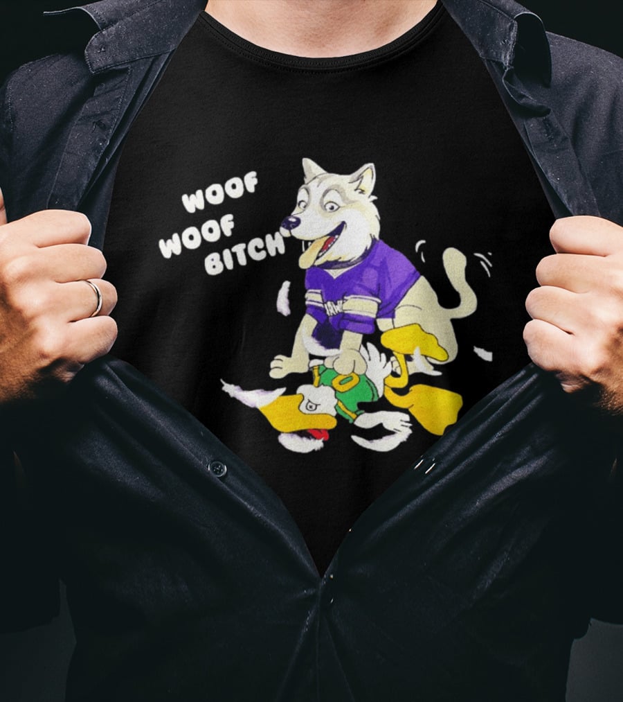 Washington Huskies Woof Woof Bitch Cartoon Mascot Scene T-Shirt
