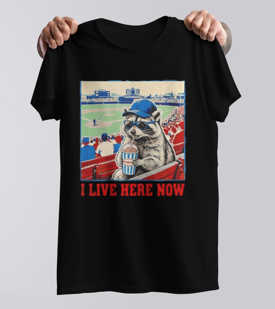Raccoon Milkshake Baseball Field I Live Here Now T-Shirt