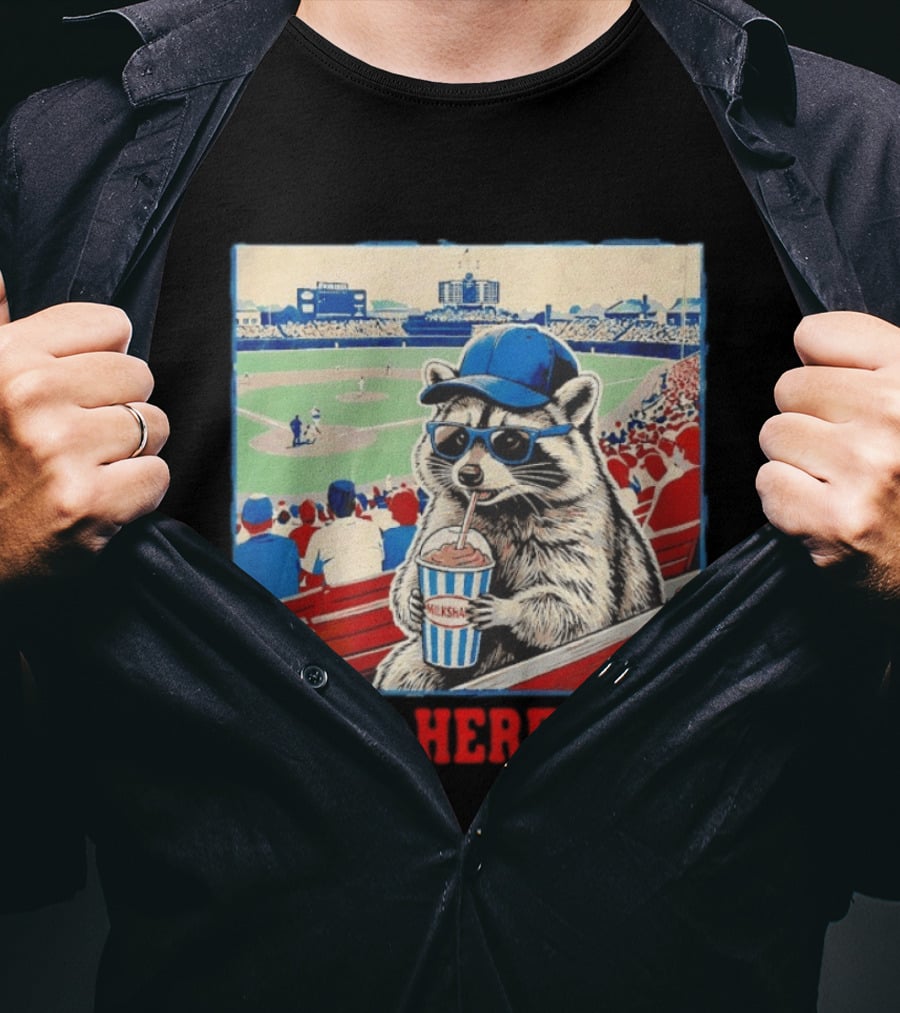Raccoon Milkshake Baseball Field I Live Here Now T-Shirt