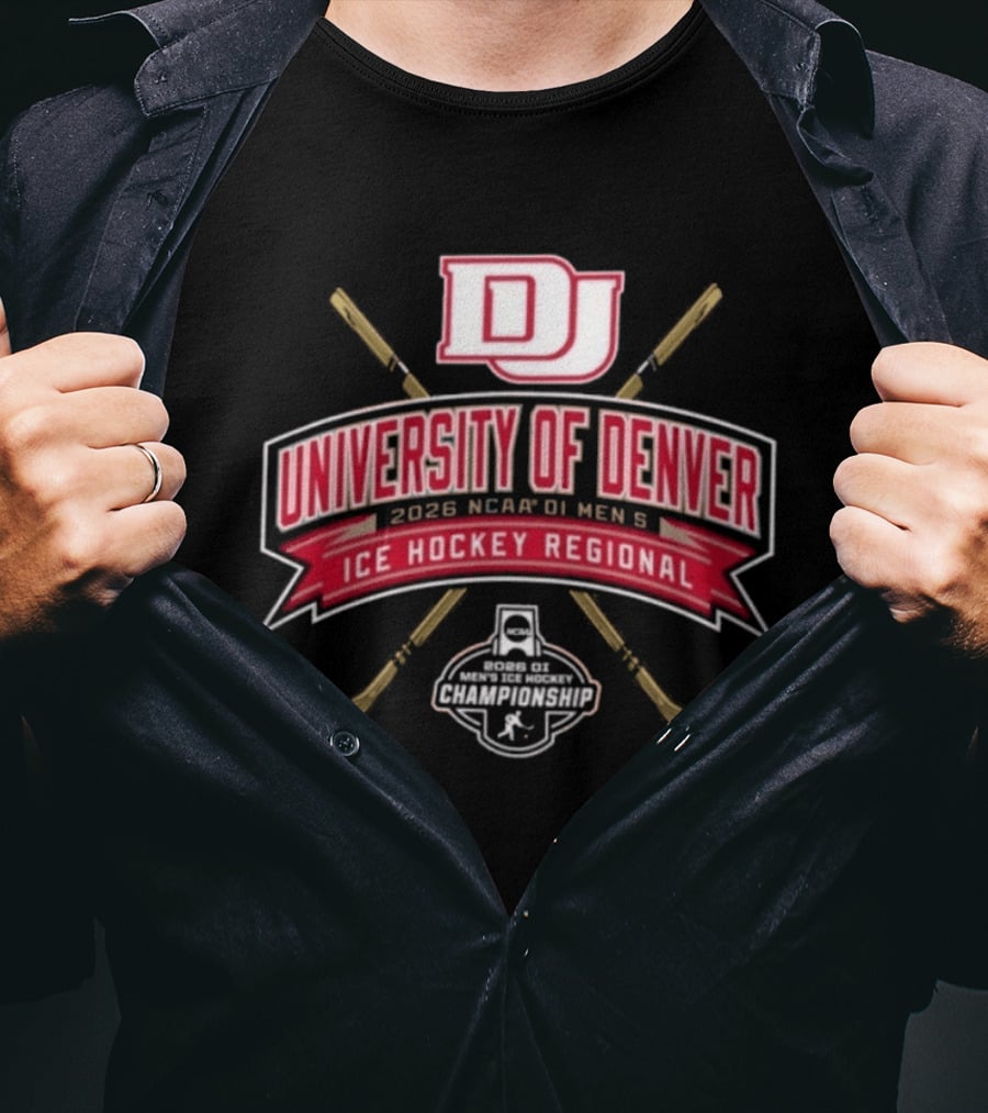 University Of Denver 2026 NCAA DI Men's Ice Hockey Regional Championships Pioneers DJ Logo Hockey Sticks T-Shirt
