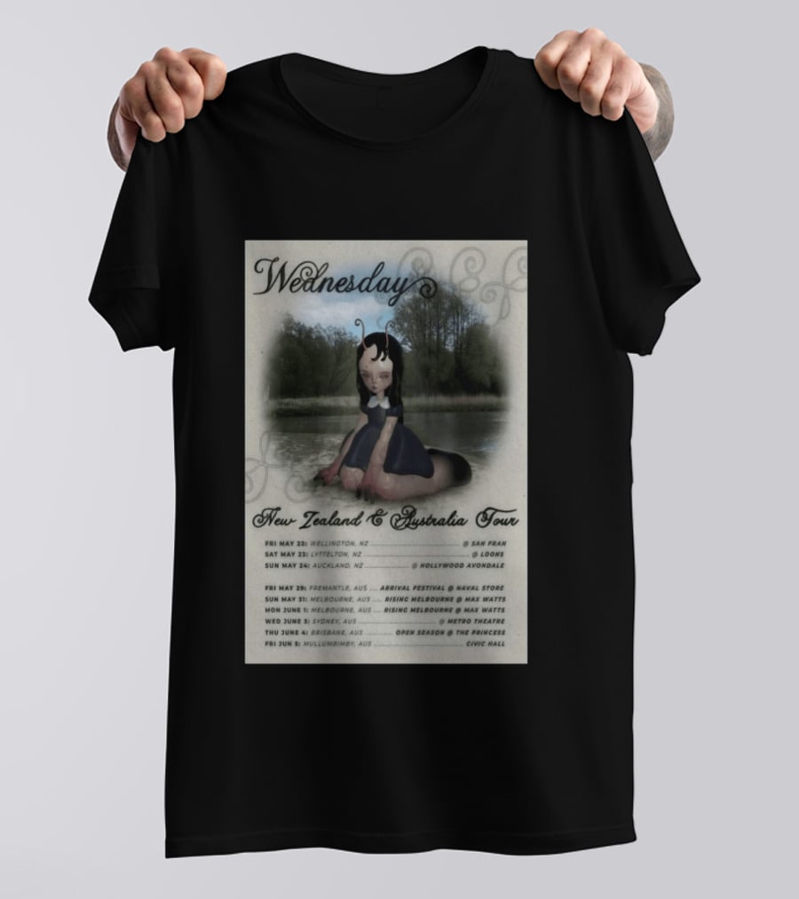 Wednesday New Zealand Australia Tour 2026 Wellington Lyttelton Auckland Fremantle Melbourne Sydney Brisbane Mullumbimby T-Shirt