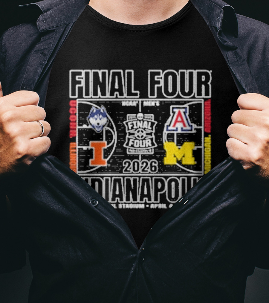 Final Four 2026 Indianapolis Michigan UConn Arizona Illinois Basketball Court T-Shirt