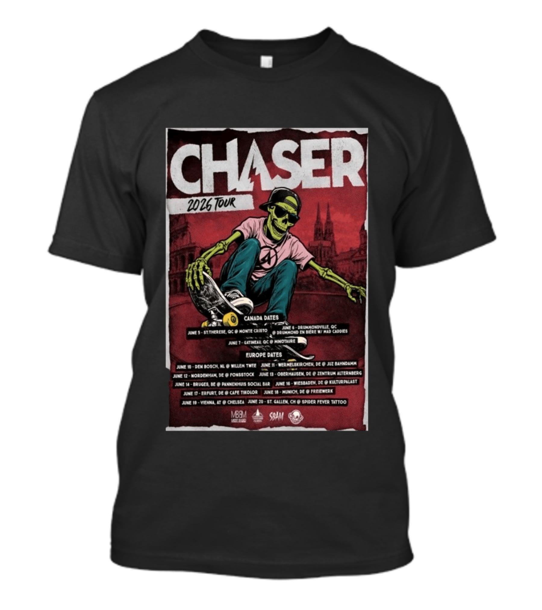 Chaser 2026 Tour Canada Europe Dates Skeleton Skateboarding T-Shirt