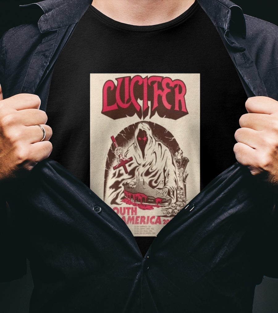 Lucifer South America 2026 Tour Schedule With Hooded Figure And Skulls T-Shirt