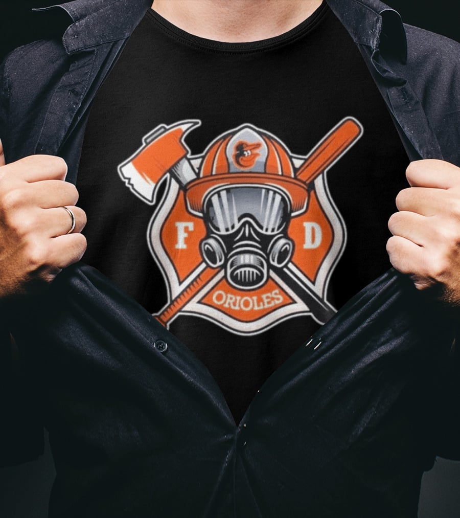 2026 Orioles FD Firefighter Appreciation Mask Helmet Axe Crossed Bat T-Shirt