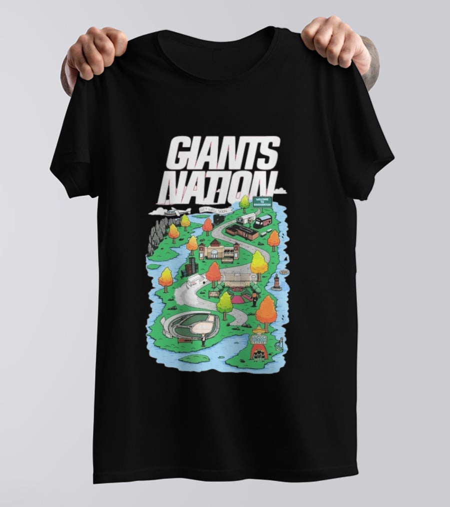Bobby Skinner Giants Nation Cartoon Landscape Get Well Soon Welcome To Giants Nation Balloon Trees River T-Shirt