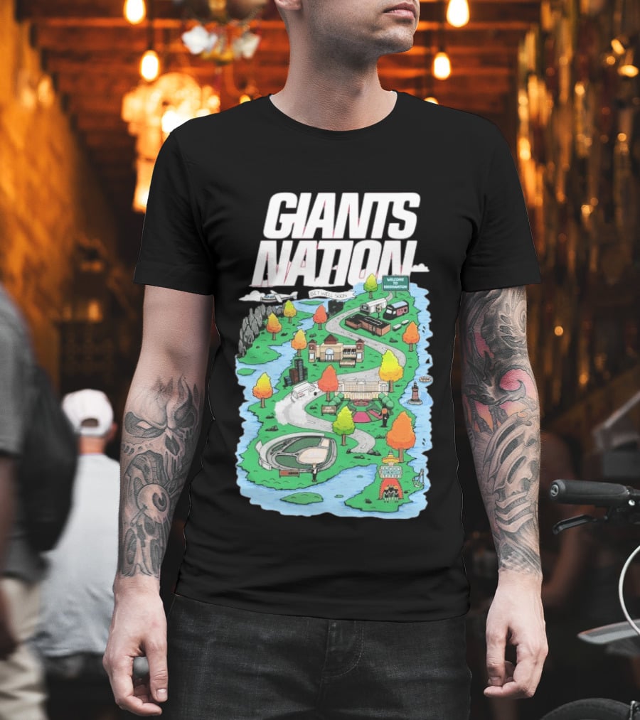Bobby Skinner Giants Nation Cartoon Landscape Get Well Soon Welcome To Giants Nation Balloon Trees River T-Shirt