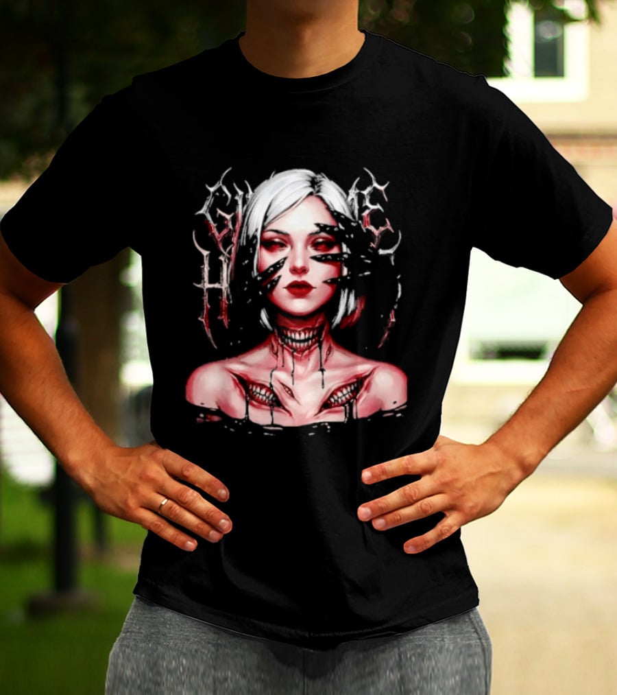 Dark Embrace Washed Creepy Pale Woman Fantasy Eyes T-Shirt