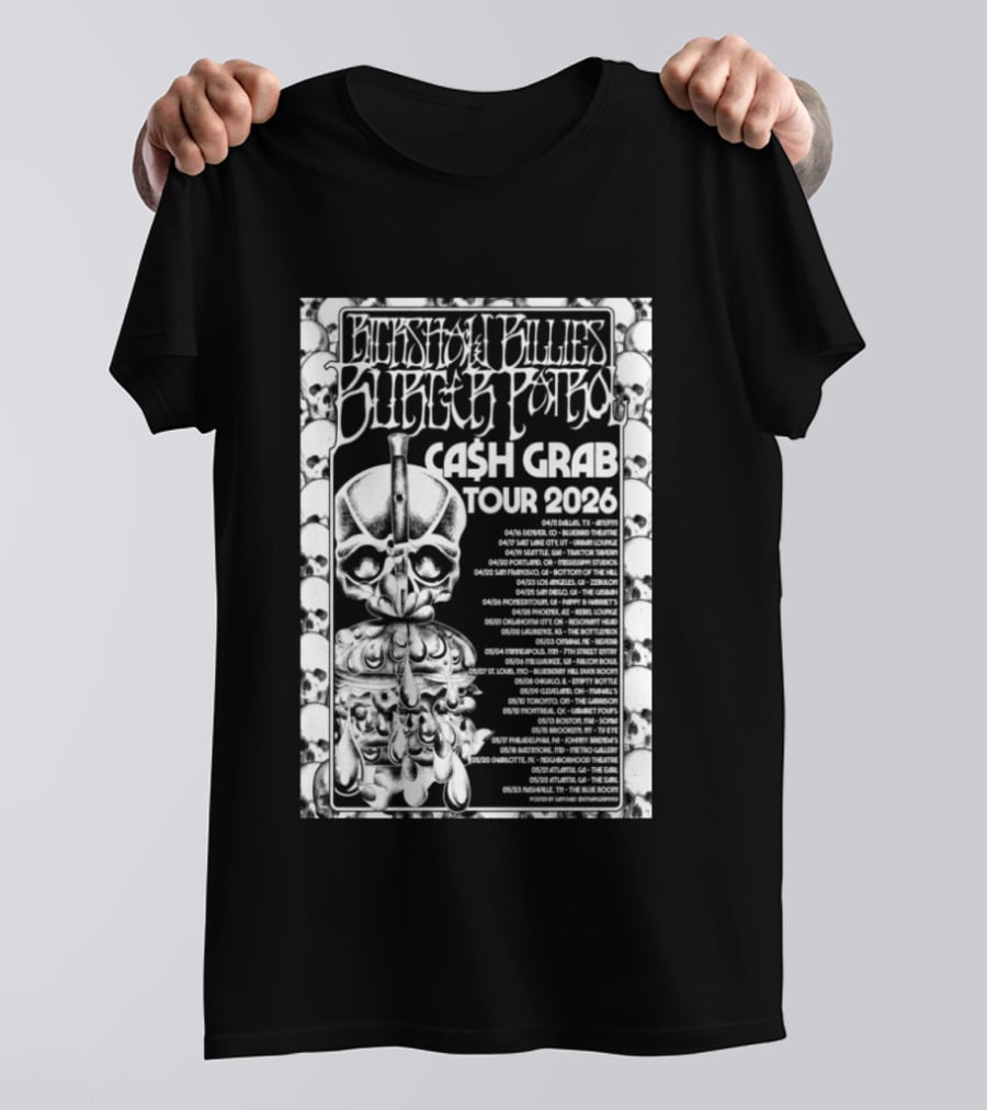 Rickshaw Billies Burger Patrol Cash Grab Tour 2026 Concert Dates Sketched Skull T-Shirt