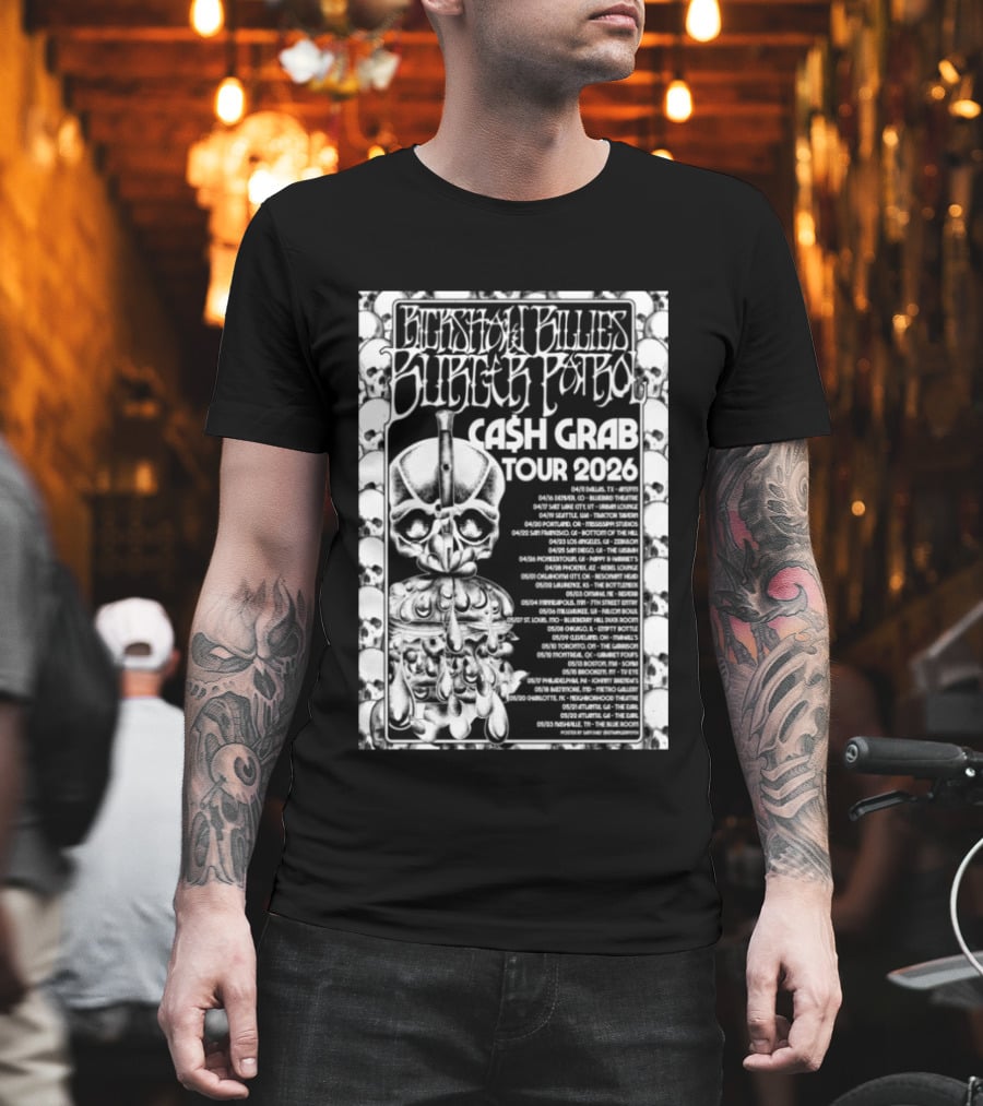 Rickshaw Billies Burger Patrol Cash Grab Tour 2026 Concert Dates Sketched Skull T-Shirt