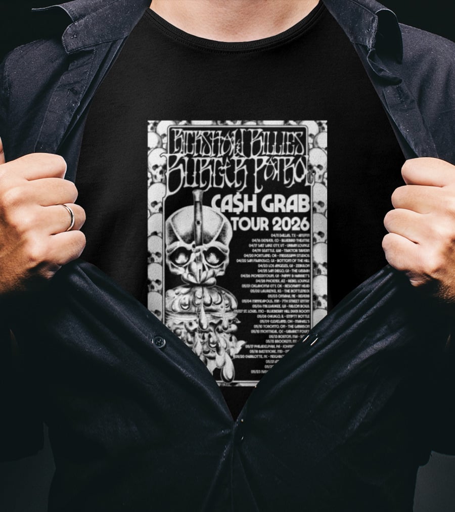 Rickshaw Billies Burger Patrol Cash Grab Tour 2026 Concert Dates Sketched Skull T-Shirt