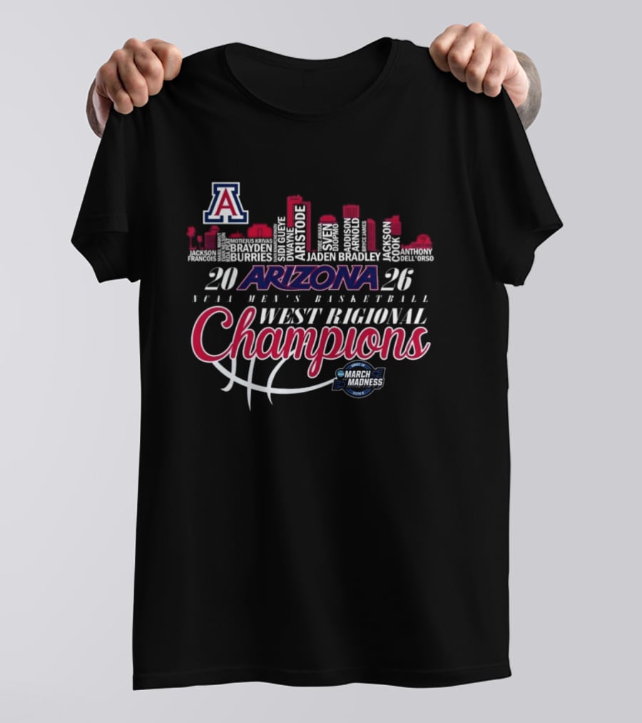 Arizona Wildcats 2026 NCAA Men's Basketball West Regional Champions March Madness Skyline T-Shirt