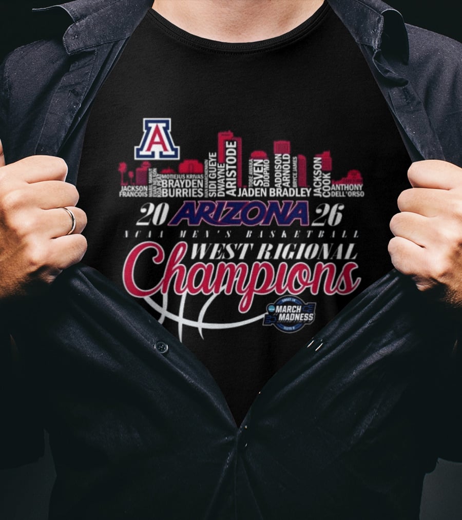 Arizona Wildcats 2026 NCAA Men's Basketball West Regional Champions March Madness Skyline T-Shirt
