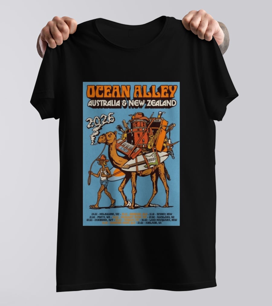 Ocean Alley Australia New Zealand 2026 Tour Dates With Camel And Musical Gear T-Shirt