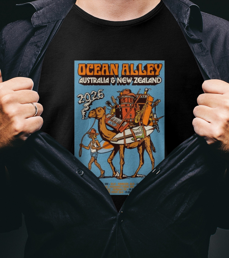 Ocean Alley Australia New Zealand 2026 Tour Dates With Camel And Musical Gear T-Shirt