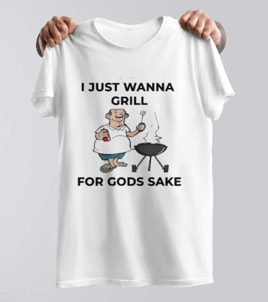 I Just Wanna Grill For God's Sake BBQ Cartoon Character Holding Fork T-Shirt