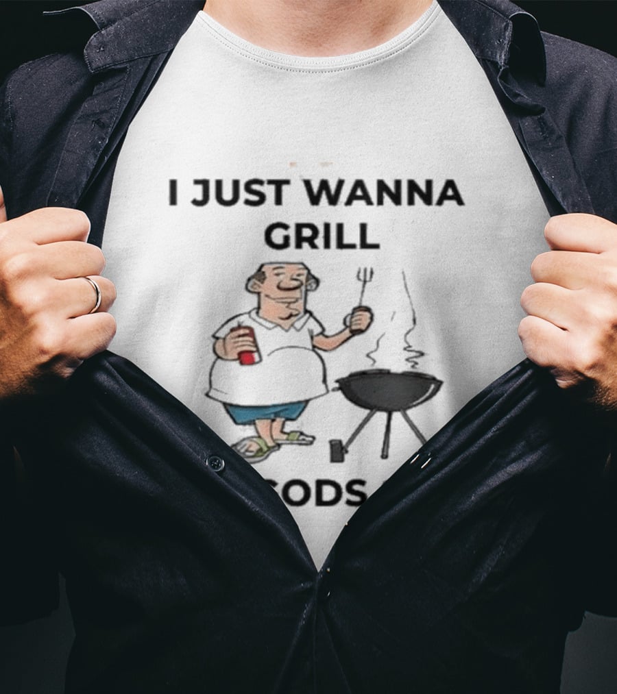 I Just Wanna Grill For God's Sake BBQ Cartoon Character Holding Fork T-Shirt