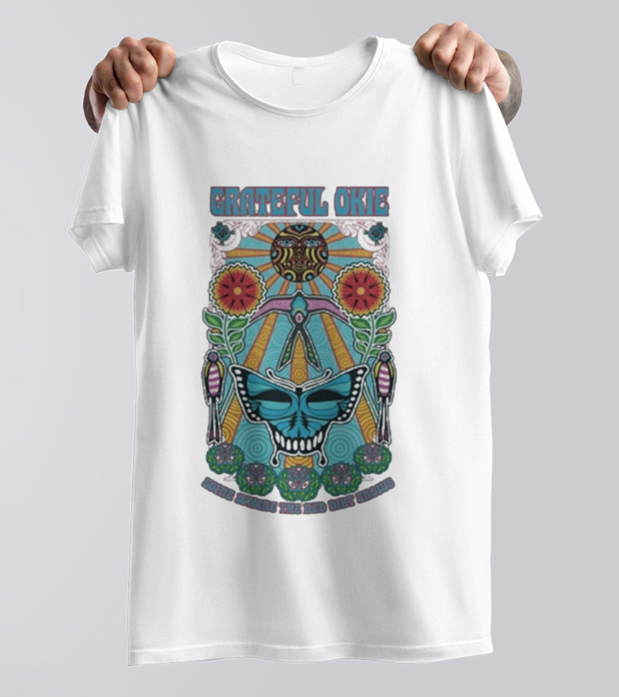 Grateful Okie Going Where The Red Dirt Grows Butterfly And Floral Sunburst T-Shirt