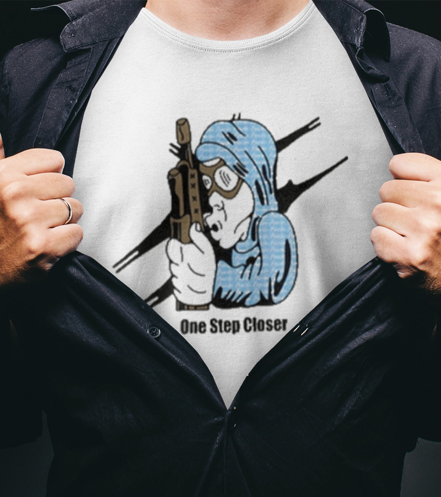 One Step Closer Osc X Preacher Blue Hooded Figure With Rifle T-Shirt