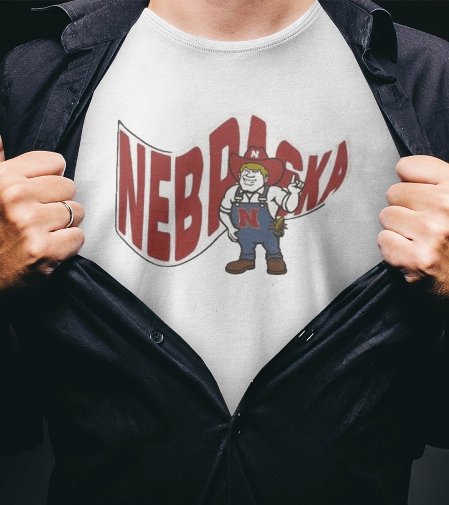 Nebraska Waving Flag Big Red N Mascot Overalls Cowboy Hat T-Shirt