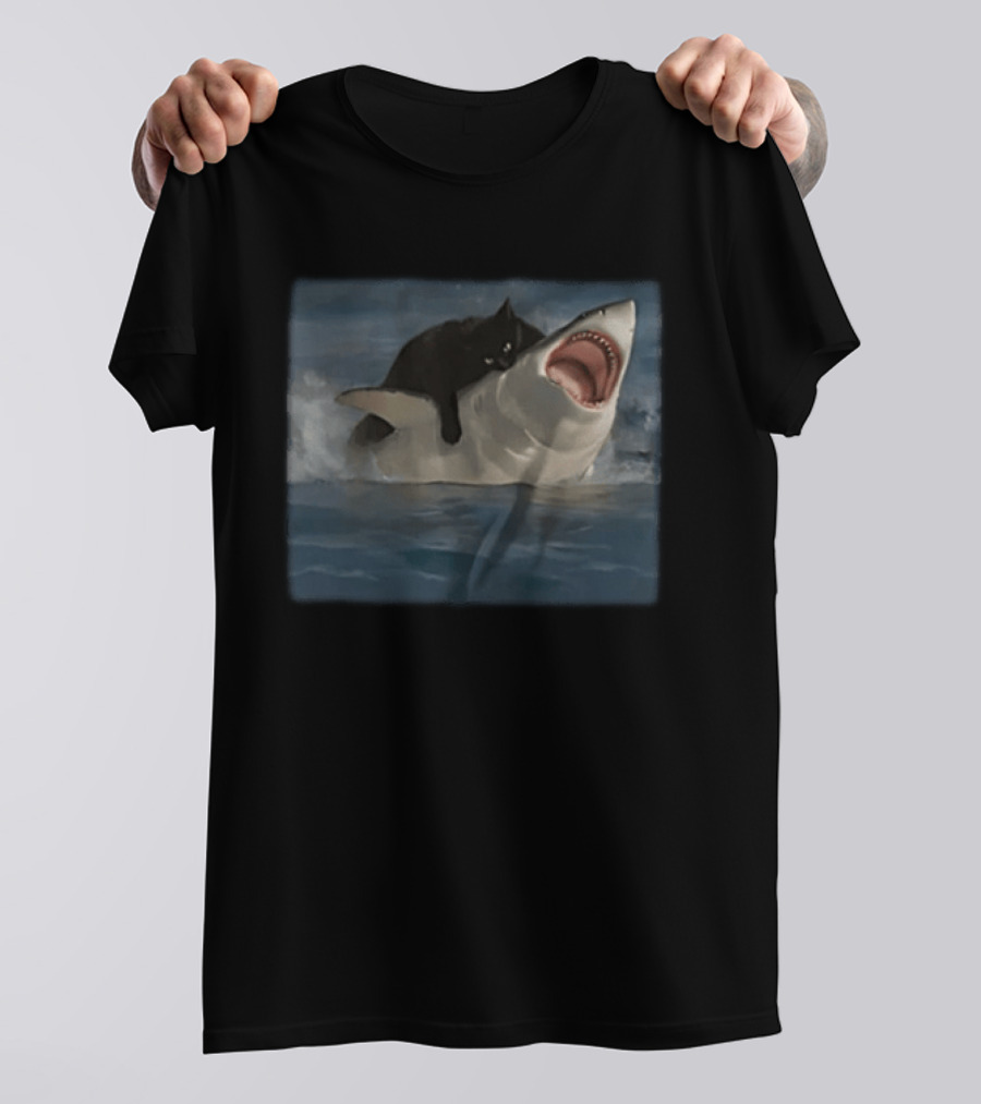 Black Cat Riding On Great White Shark Ocean Adventure T-Shirt