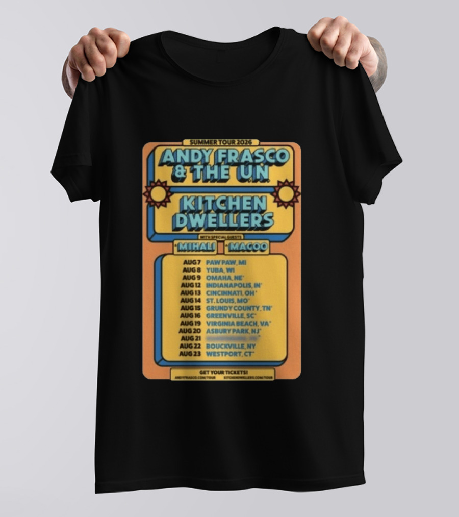 Summer Tour 2026 Andy Frasco And The UN Kitchen Dwellers With Mihali And Magoo Tour Dates And Locations T-Shirt