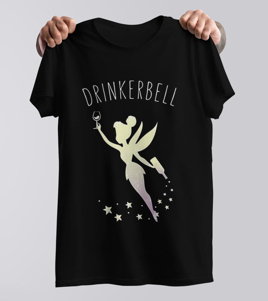 Drinkerbell Fairy Silhouette With Wine Glass And Bottle Stars T-Shirt