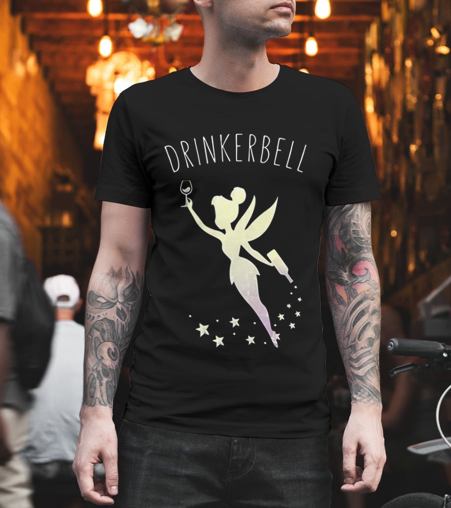 Drinkerbell Fairy Silhouette With Wine Glass And Bottle Stars T-Shirt