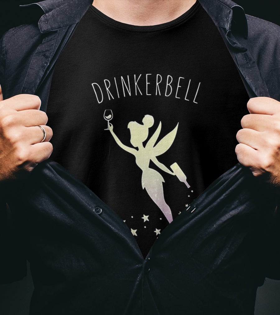 Drinkerbell Fairy Silhouette With Wine Glass And Bottle Stars T-Shirt