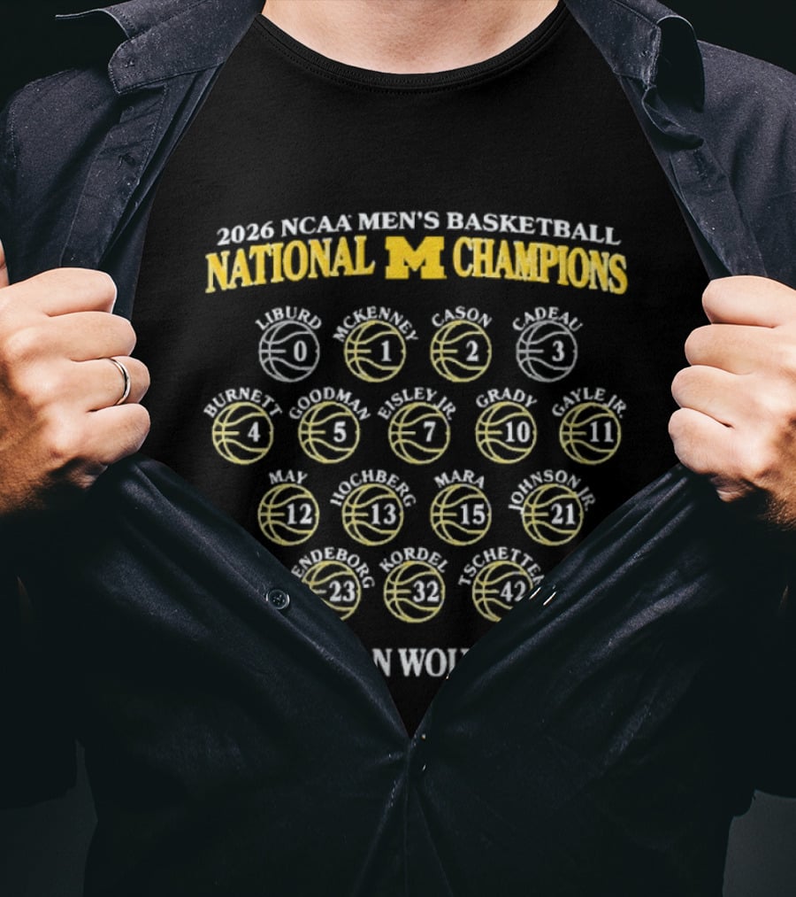 Michigan Wolverines 2026 NCAA Men's Basketball National Champions Player Roster T-Shirt