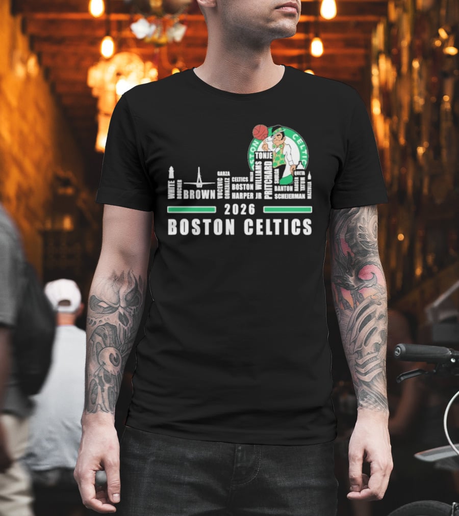 2026 Boston Celtics Brown Tatum Brogdon Porzingis White Smart Hoops Skyline T-Shirt