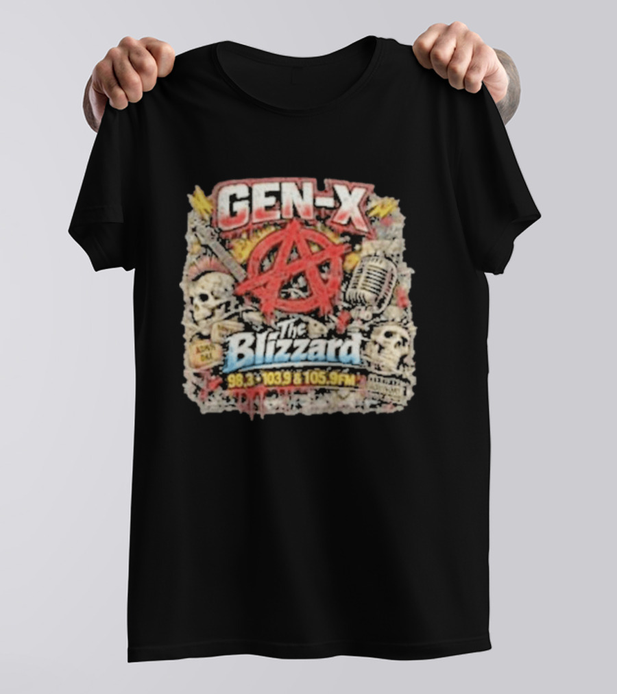 Gen X The Blizzard 98.3 103.9 105.9 FM Anarchy Skulls Microphone T-Shirt