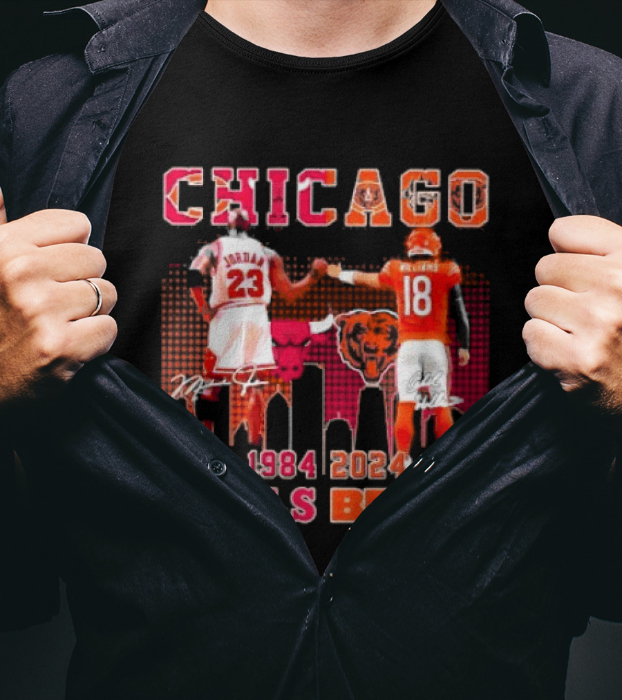 Chicago Bulls Michael Jordan 23 And Chicago Bears Caleb Williams 18 1984 2024 Signatures T-Shirt