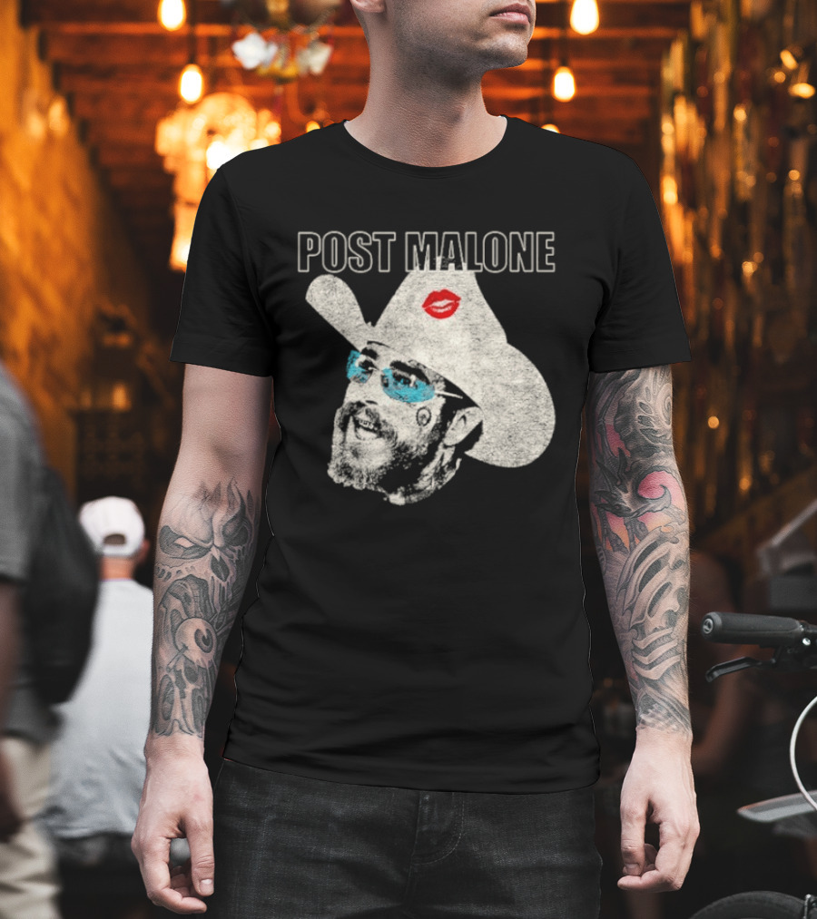 Post Malone Cowboy Hat Kiss Red Lips Blue Sunglasses T-Shirt