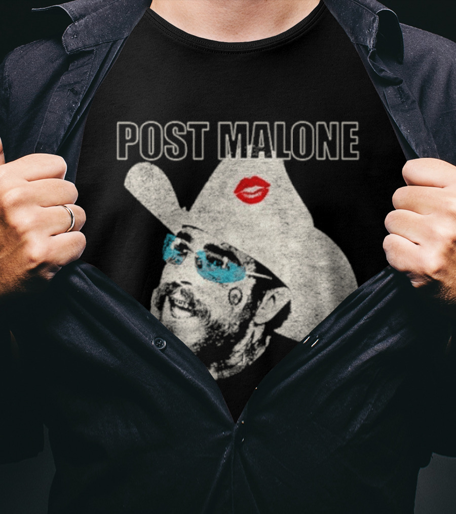 Post Malone Cowboy Hat Kiss Red Lips Blue Sunglasses T-Shirt