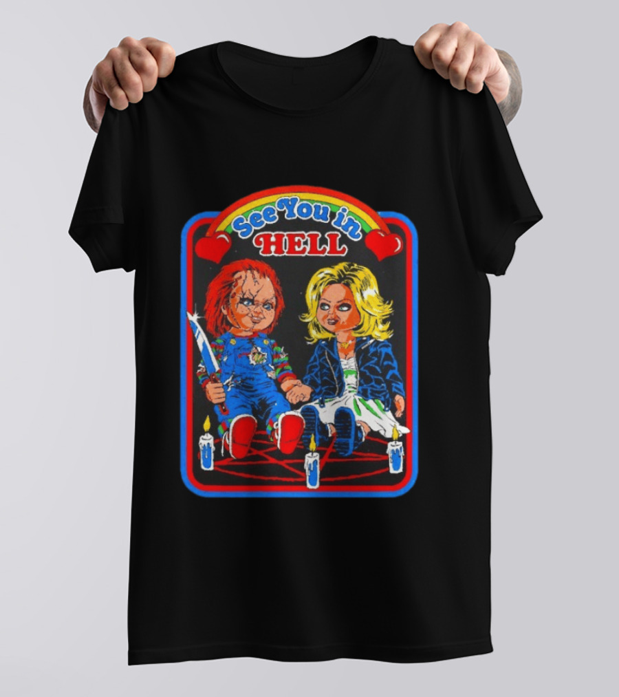 See You In Hell Chucky And Bride Horror Movie Characters Candles T-Shirt