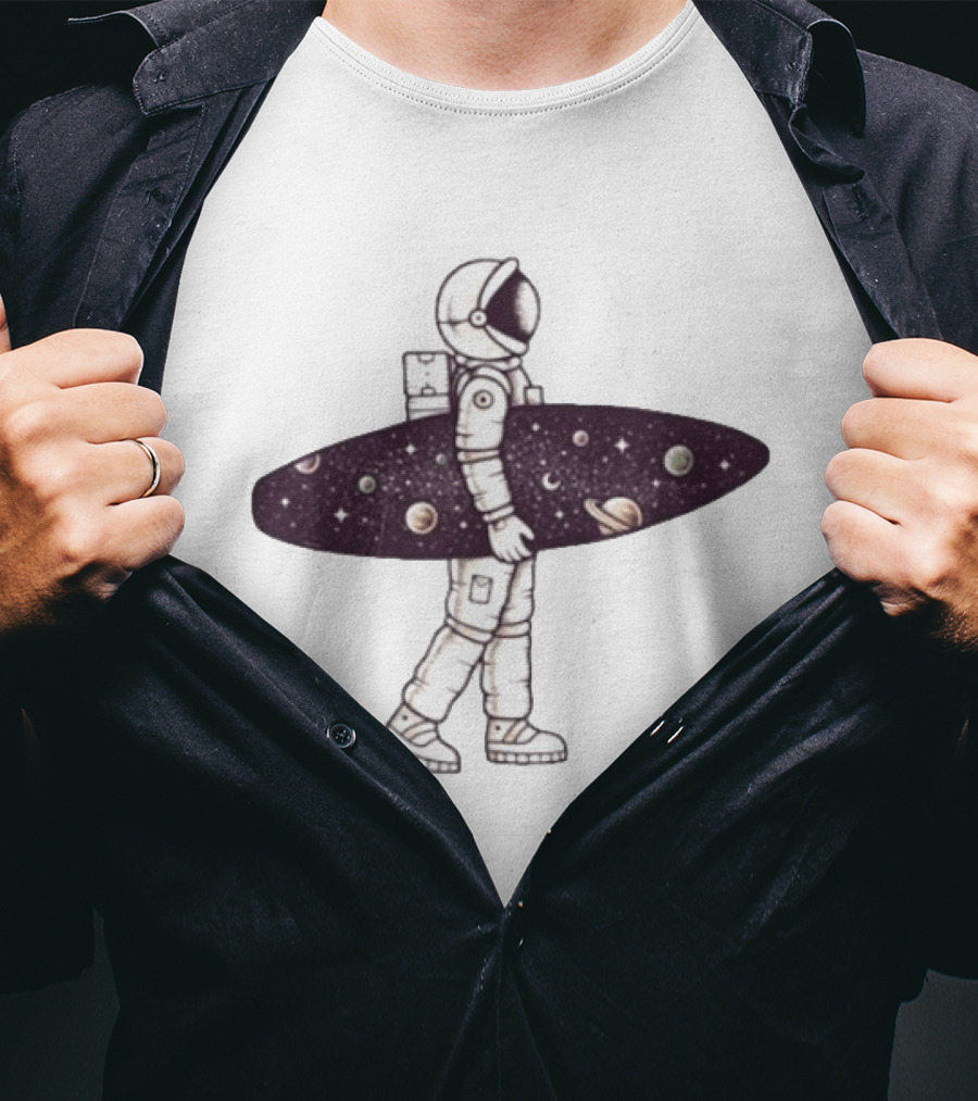Astronaut Surfer Exploring Cosmic Adventure With Planets And Stars T-Shirt