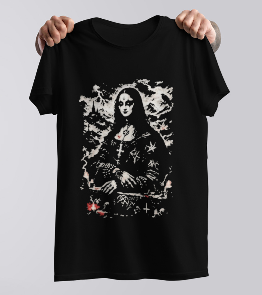 Gothic Metal Mona Lisa Cross And Stars T-Shirt