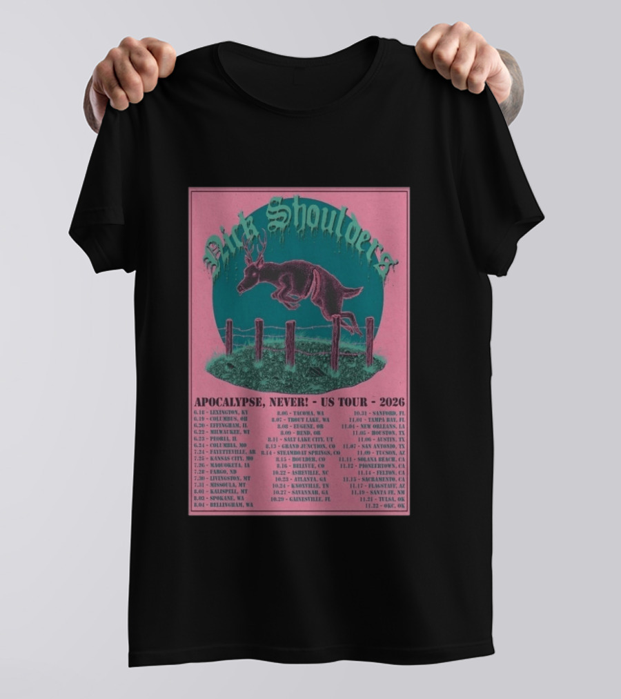 Nick Shoulders Apocalypse Never US Tour 2026 Retro Pink And Teal Leaping Deer Design With Tour Dates T-Shirt