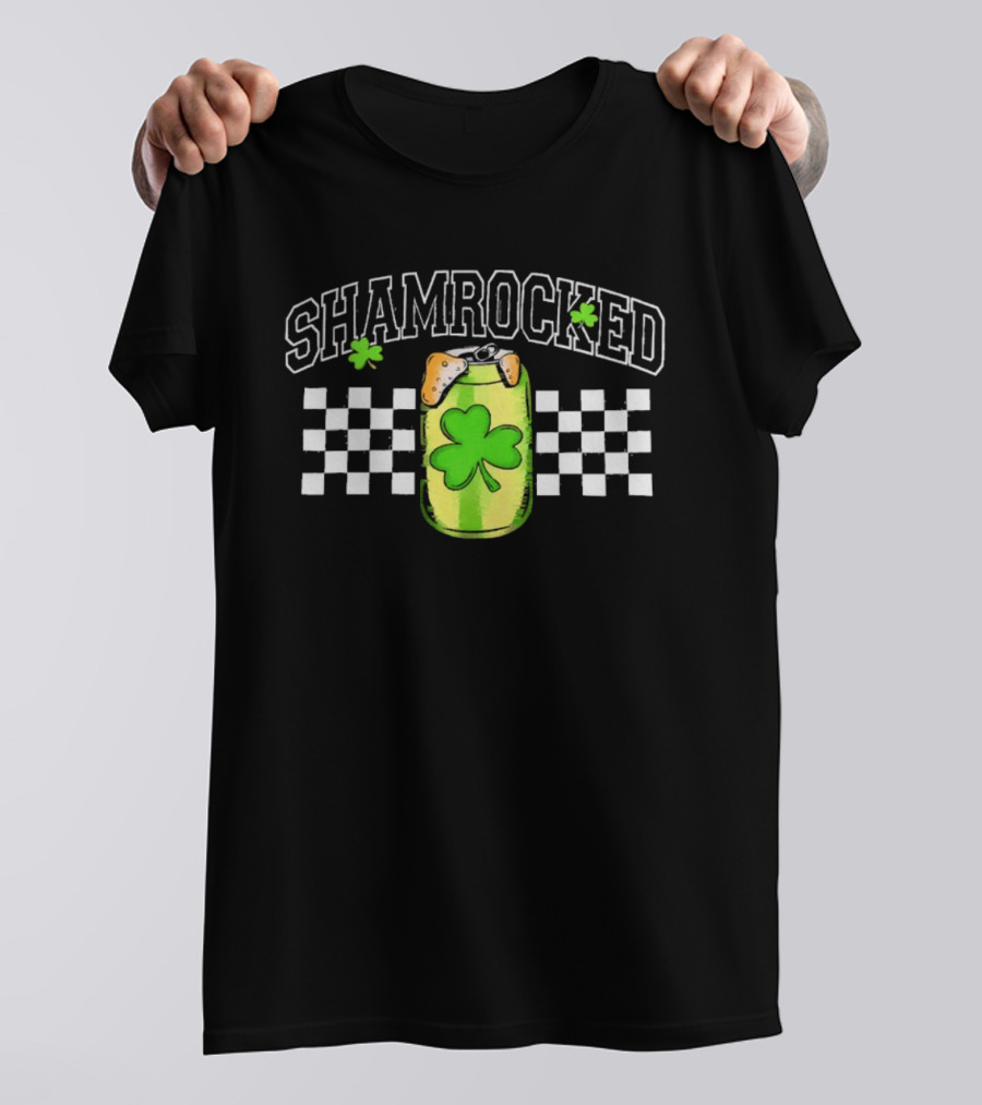 Shamrocked St. Patrick's Day Beer Can Checkerboard Clover USA T-Shirt
